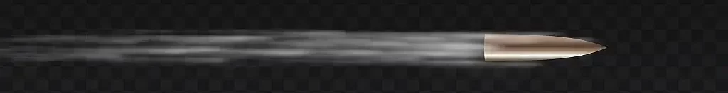 Realistic flying bullet in motion. Gunshots, bullet in motion, military smoke trails. Smoke traces isolated on transparent background. Handgun shoot trails. Vector illustration, EPS 10.